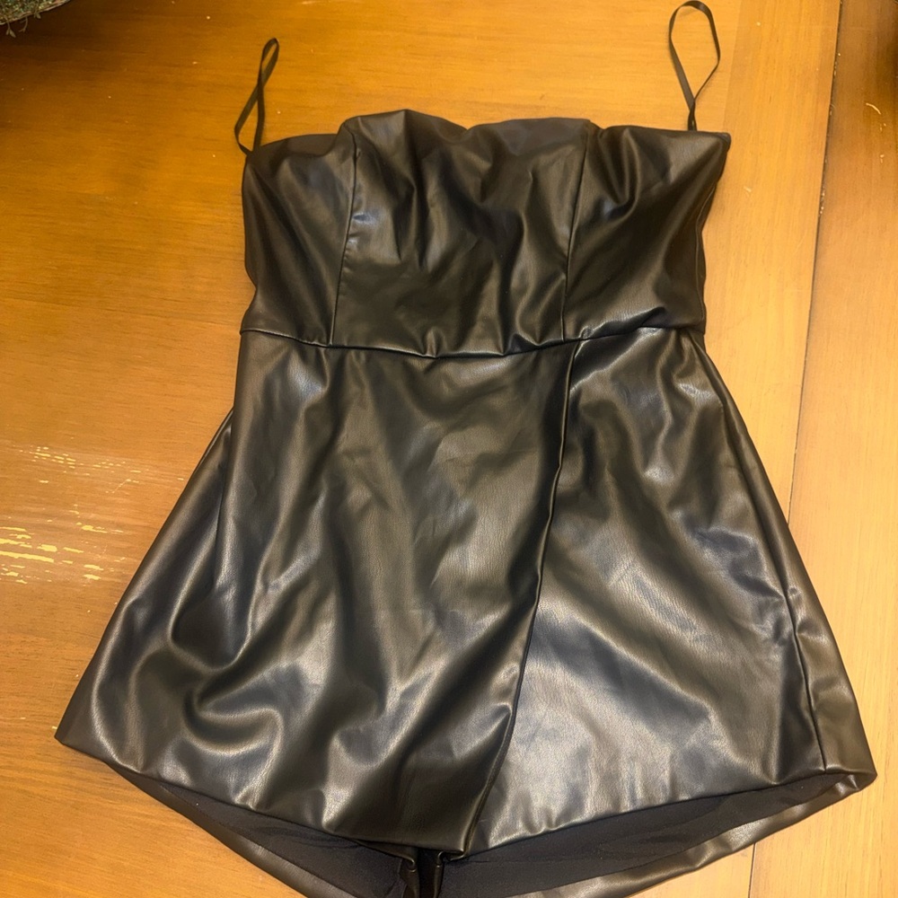 superdown Black Faux Leather Strapless Mini Romper